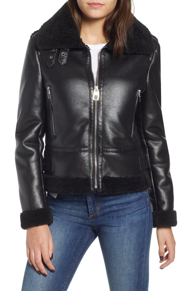 Kensie Faux Leather Moto Jacket with Faux Shearling Trim, Main, color,