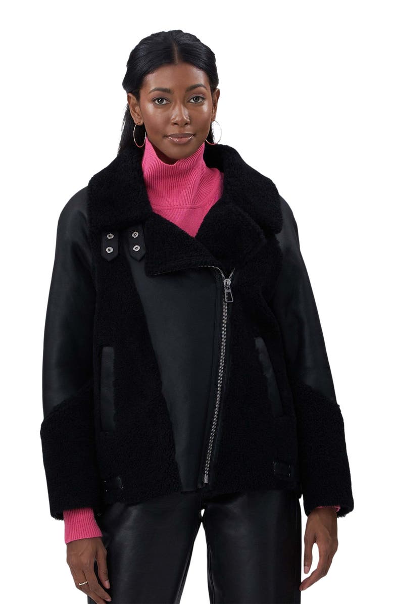 GORSKI Shearling Lamb Zip Moto Jacket, Main, color, Black/Black