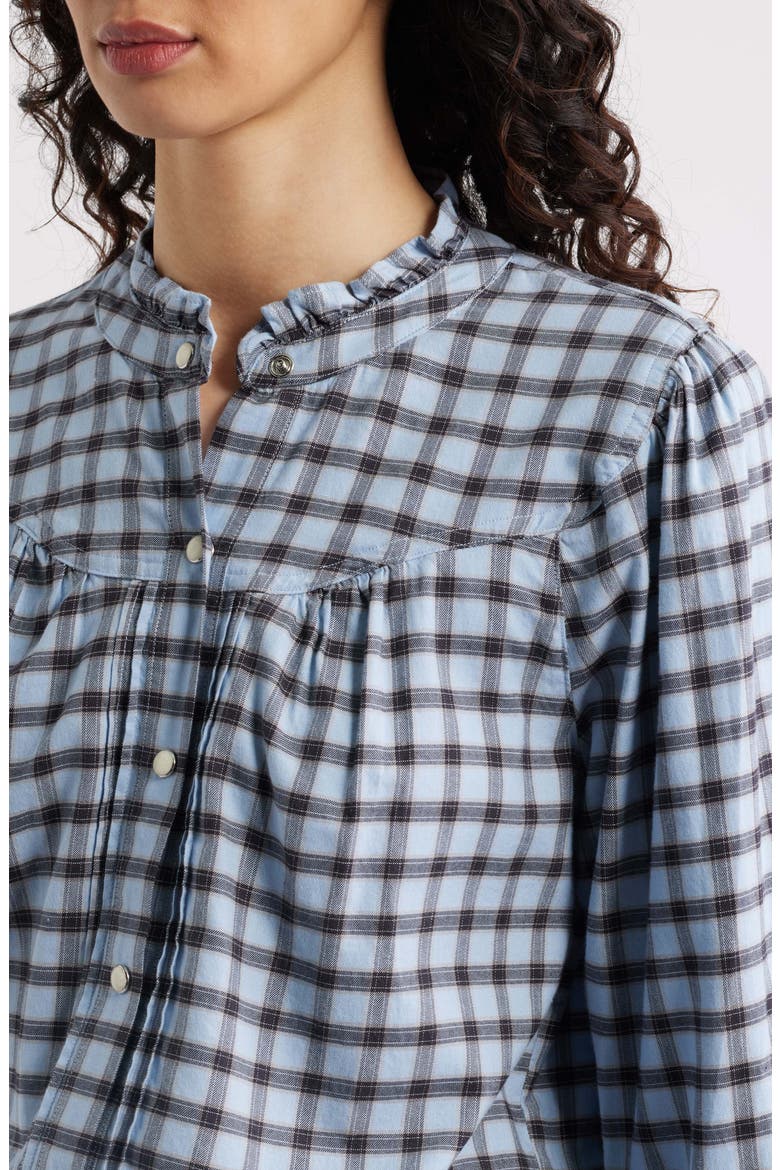 Alanna Ruffle Check Organic Cotton Snap-Up Shirt, Alternate, color, SKY CHECK