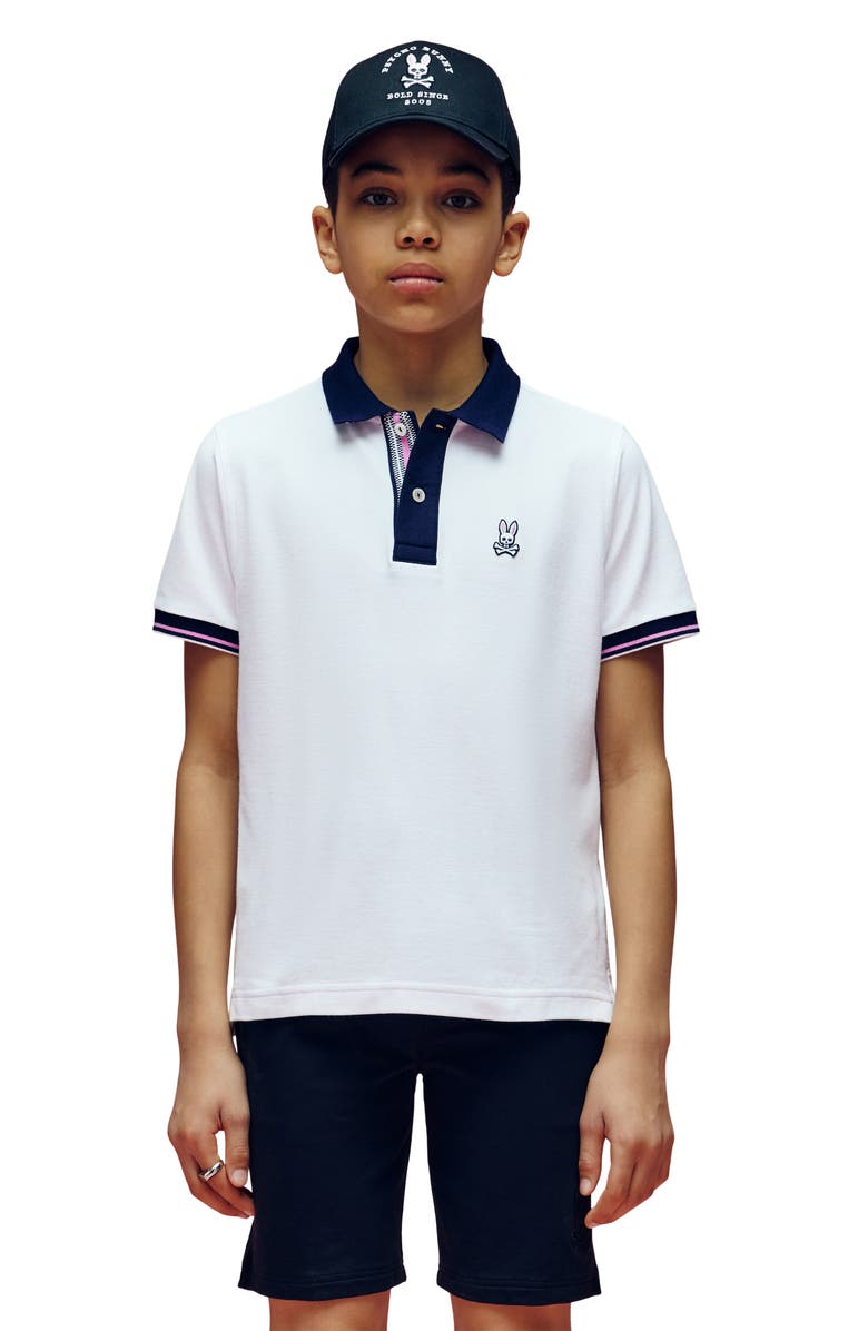 Psycho Bunny Kids' Archive Tipped Cotton Piqué Polo, Alternate, color, White