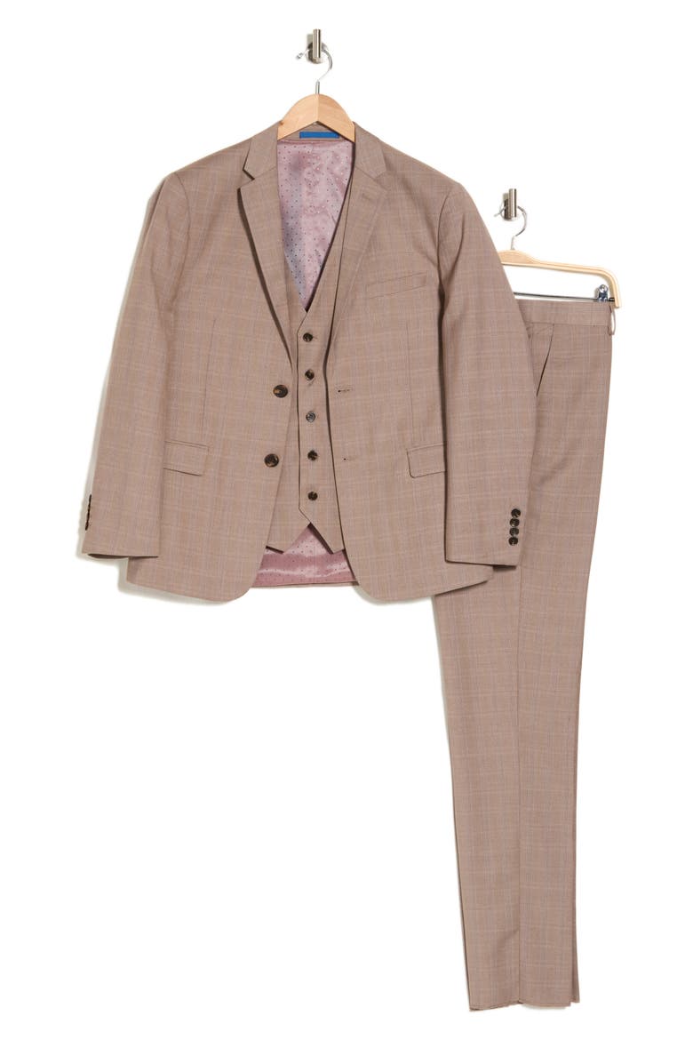 Slim Fit Check Three Piece Suit, Alternate, color, LIGHT BROWN