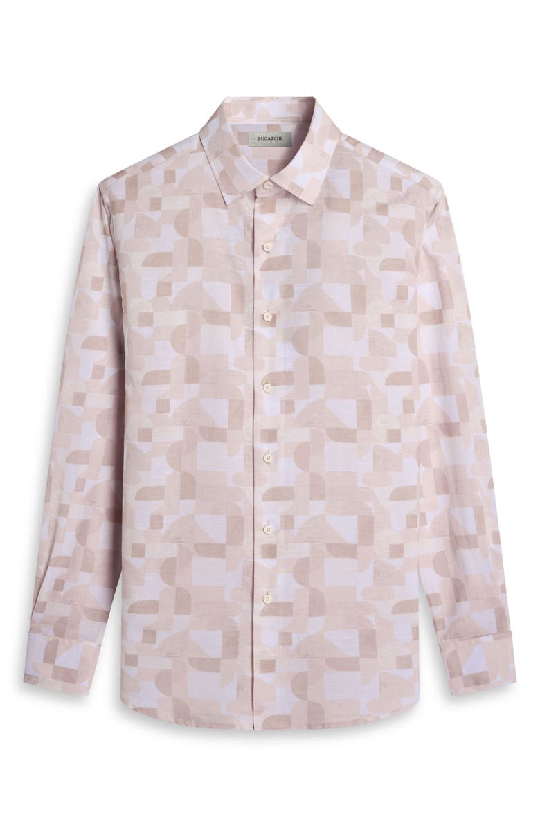 Bugatchi Julian Shaped Fit Abstract Geometric Print Cotton & Linen Button-Up Shirt, Alternate, color, Desert