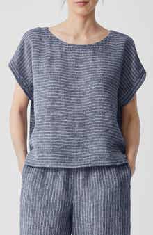 Eileen Fisher Stripe Ballet Neck Organic Linen Top