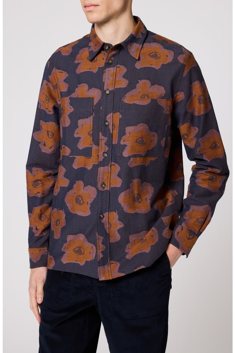 Floral Long Sleeve Cotton Shirt, Main, color, VERY DARK NAVY