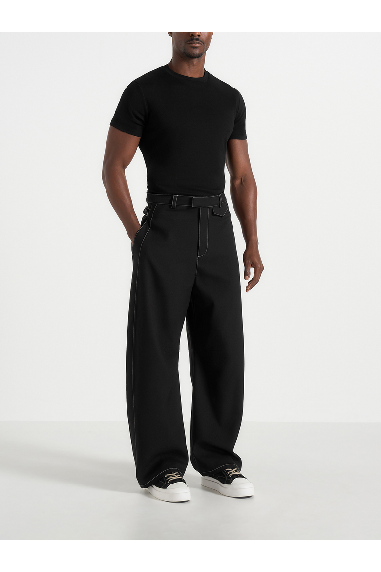 Marceau Contrast Stitch Barrel Leg Pants, Main, color, Black