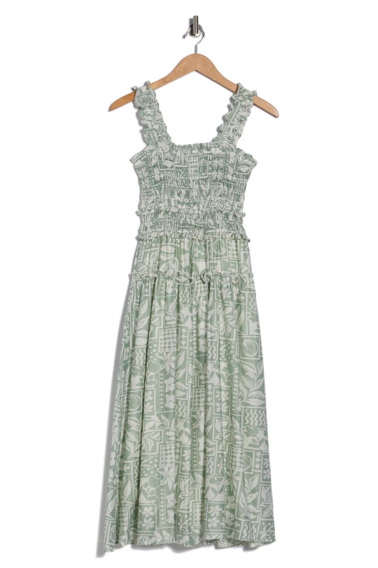 Mixed Print Smocked Dress, Alternate, color, DUSTY JADE