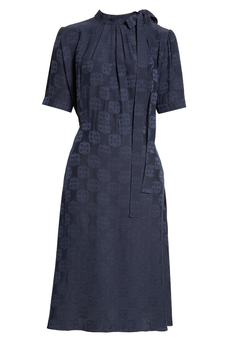 4G Baroque Logo Jacquard Lavallière Midi Dress, Alternate, color, NAVY