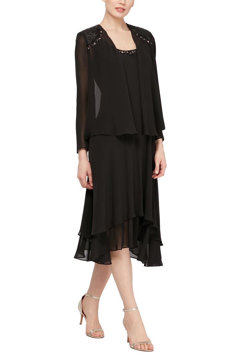 Beaded Detail Chiffon Dress with Jacket, Main, color, BLACK