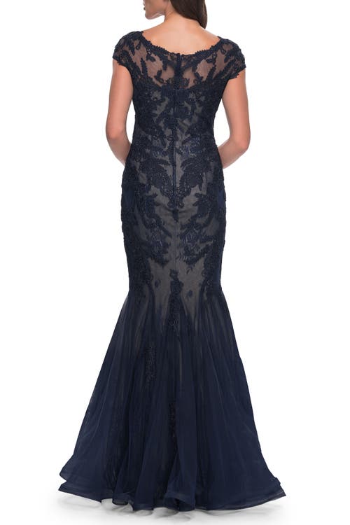 La Femme Mermaid Lace Dress With Cap Sleeves And Illusion Neckline In Navy
