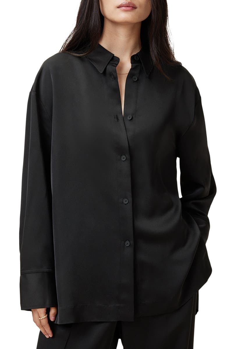 AllSaints Myrtle Longline Satin Shirt, Main, color,