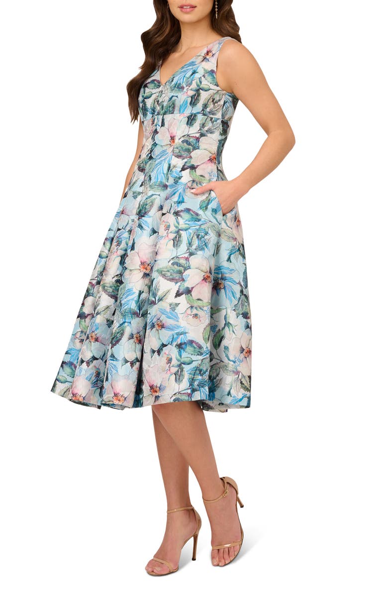 Adrianna Papell Floral Jacquard Midi Fit & Flare Cocktail Dress, Alternate, color, 