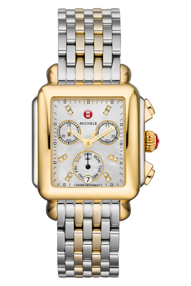 Deco Diamond Chronograph Watch Head & Bracelet, 33mm, Main, color, GOLD/ SILVER/ WHITE