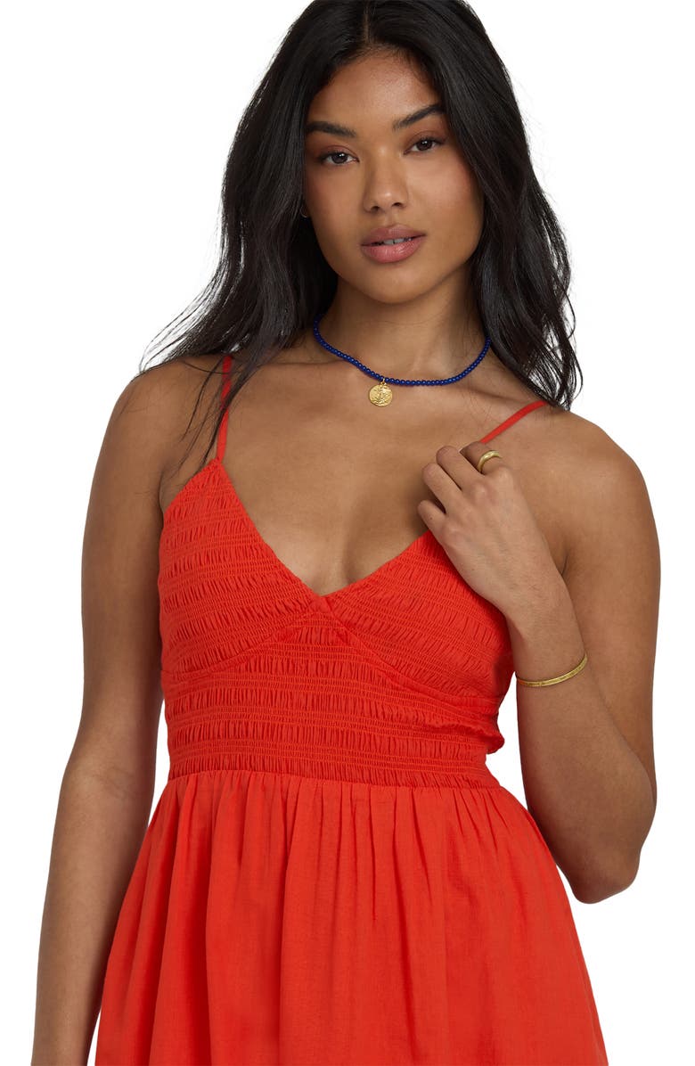 Billabong Such a Trip Smocked Bodice Cotton Midi Dress, Alternate, color, Red Aloha