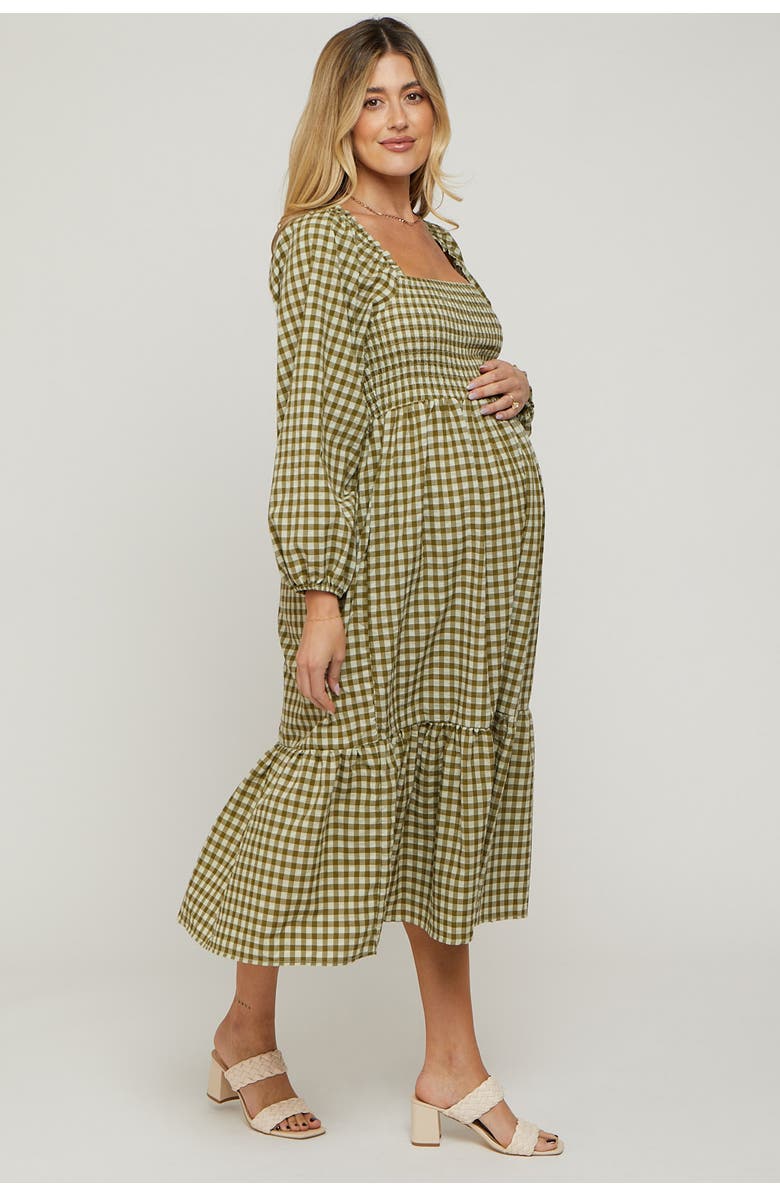 PinkBlush Gingham Long Sleeve Midi Dress, Alternate, color, Olive Green