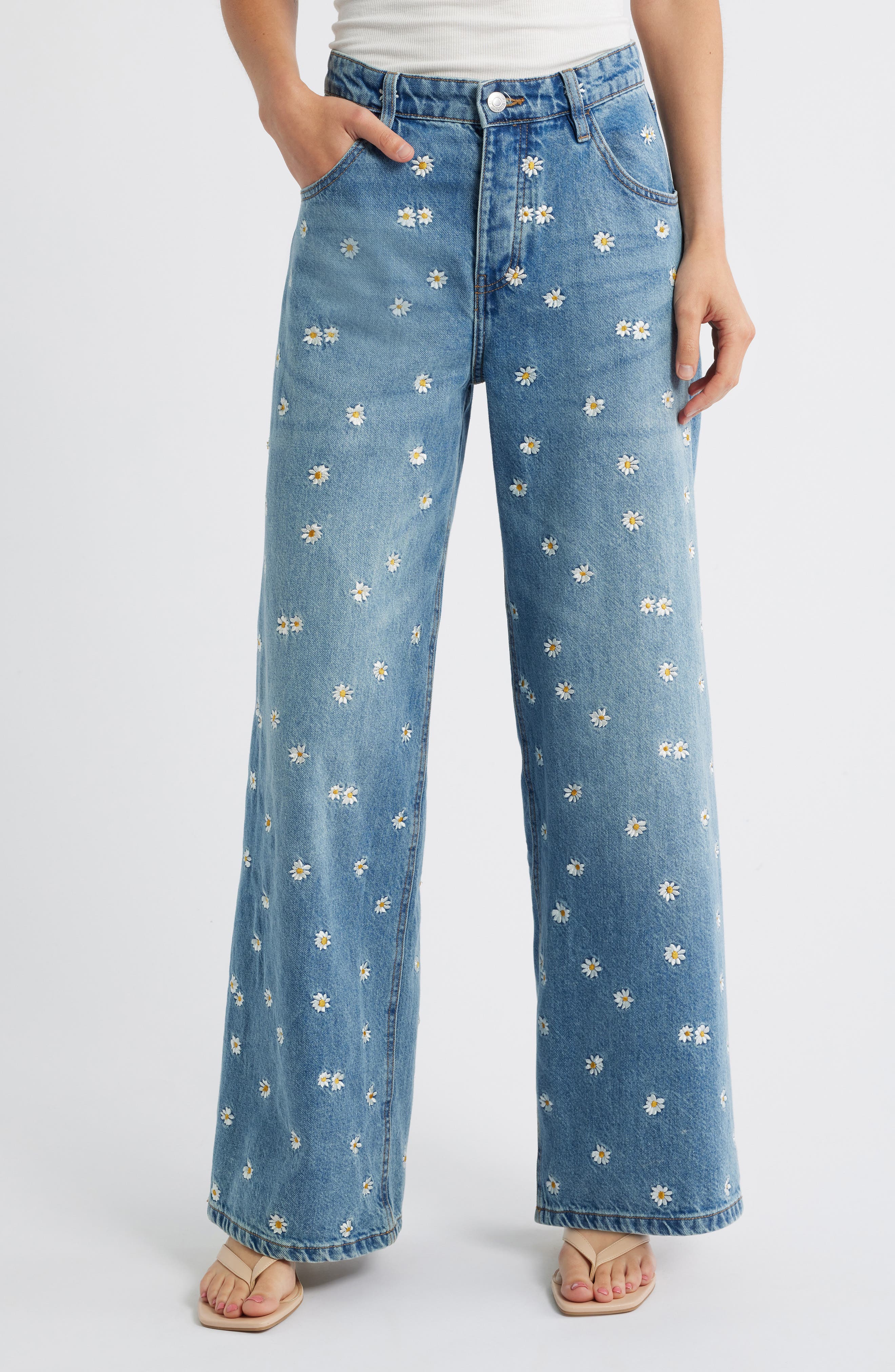 MANGO Flower Embroidered Wide Leg Jeans