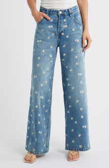 MANGO Flower Embroidered Wide Leg Jeans