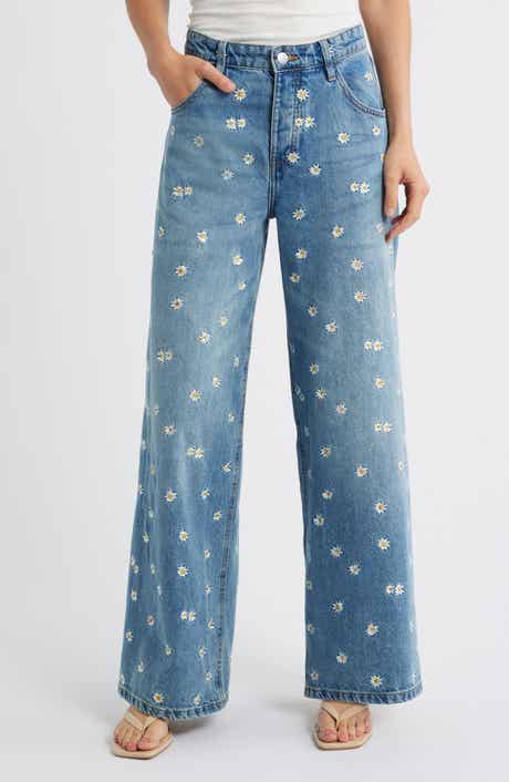 MANGO Flower Embroidered Wide Leg Jeans