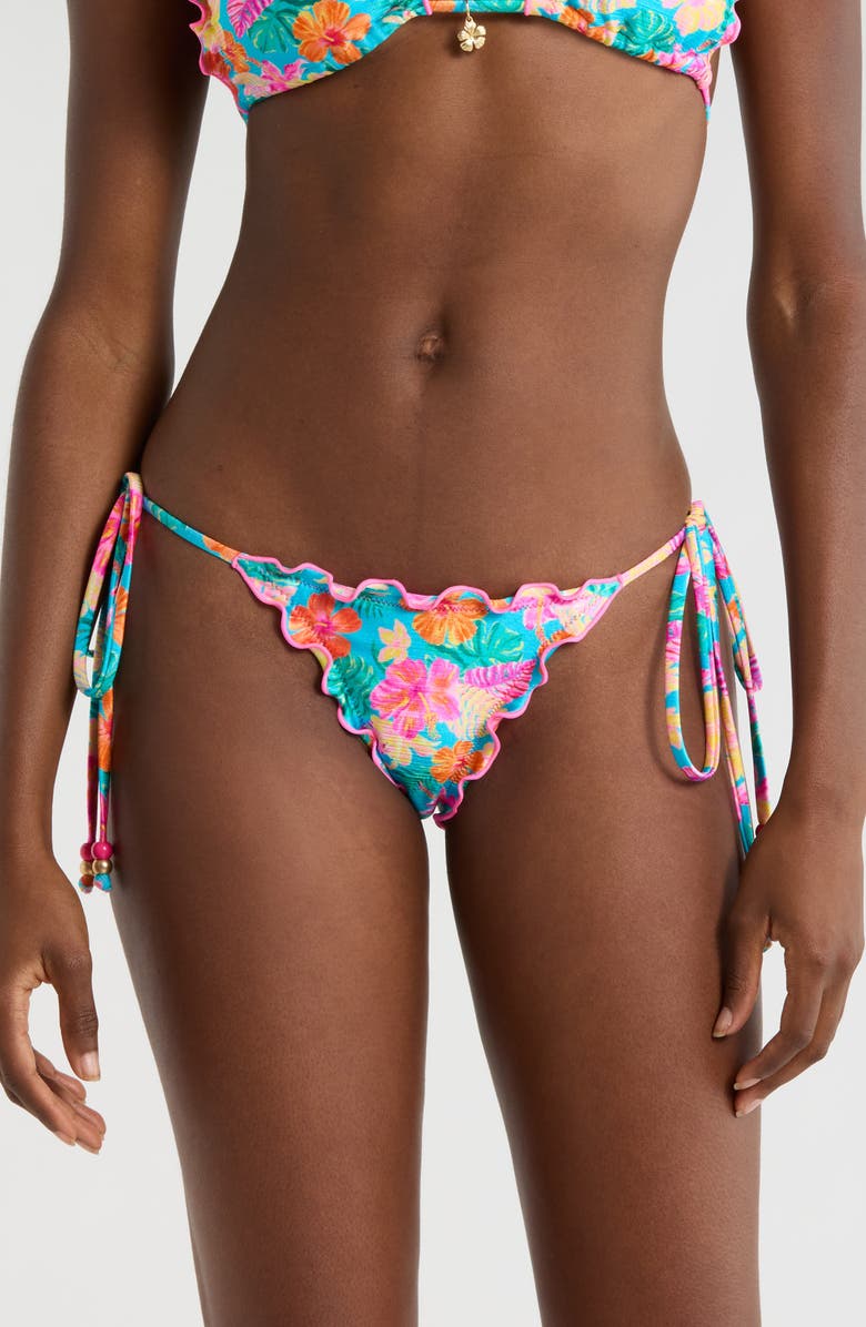 Kulani Kinis Lettuce Edge Tie Side Bikini Bottoms, Main, color, Paradise Pop
