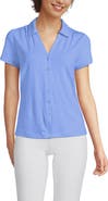 Lands' End Plus Size Linen Blend Short Sleeve Button Front Polo Top