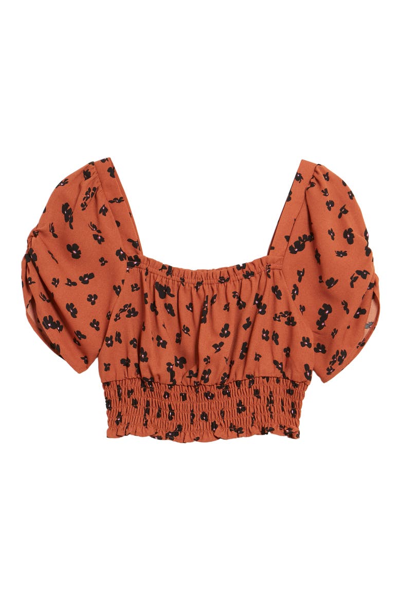 Smocked Crop Top, Main, color, RUST CLAY FLORAL DRIFT