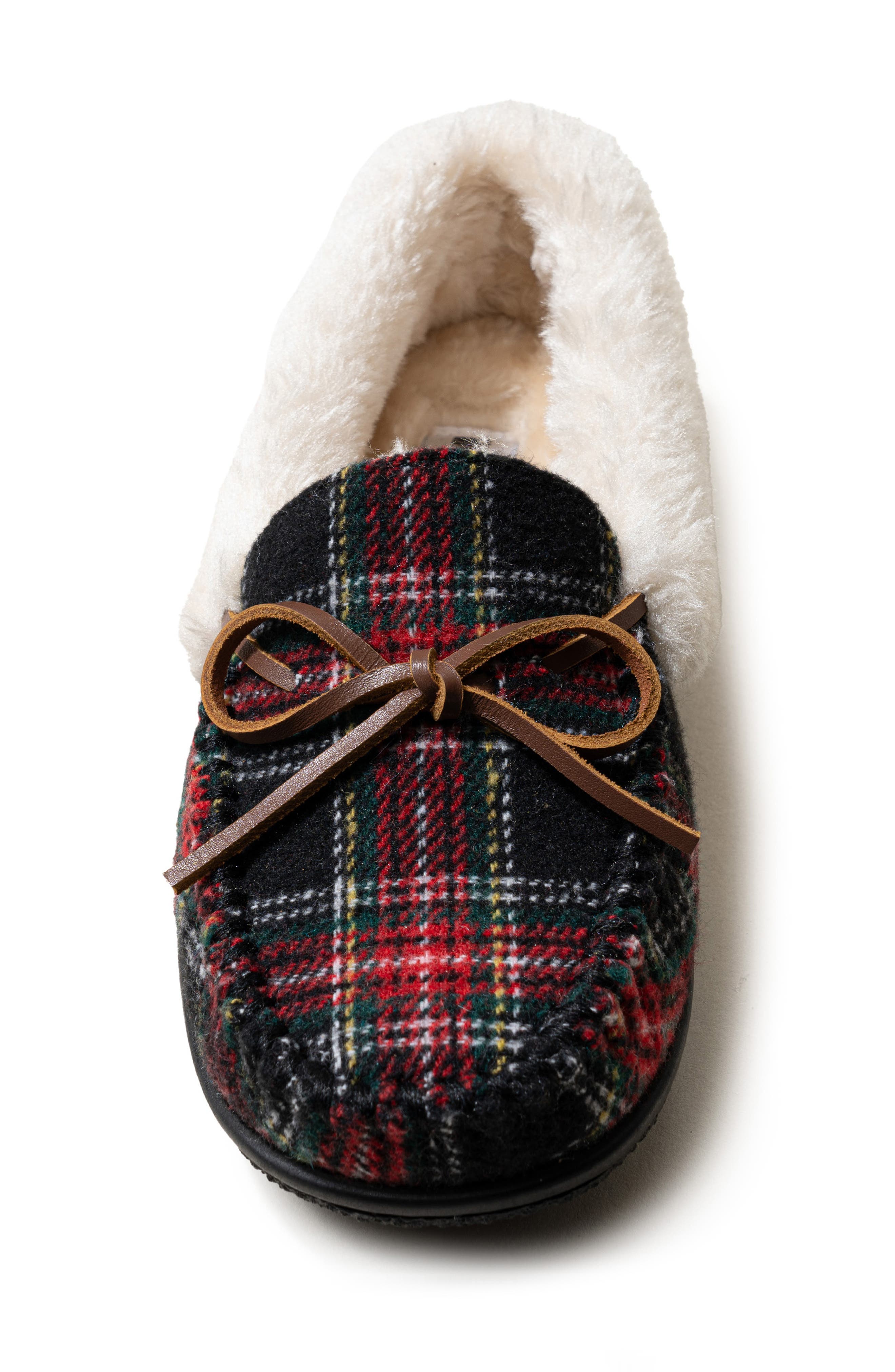 Minnetonka Camp Faux Fur Lined Moccasin Slipper, Alternate, color, Black Tartan Plaid