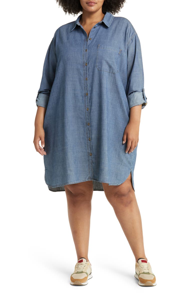 Roll Tab A-Line Chambray Shirtdress, Main, color, MEDIUM WASH