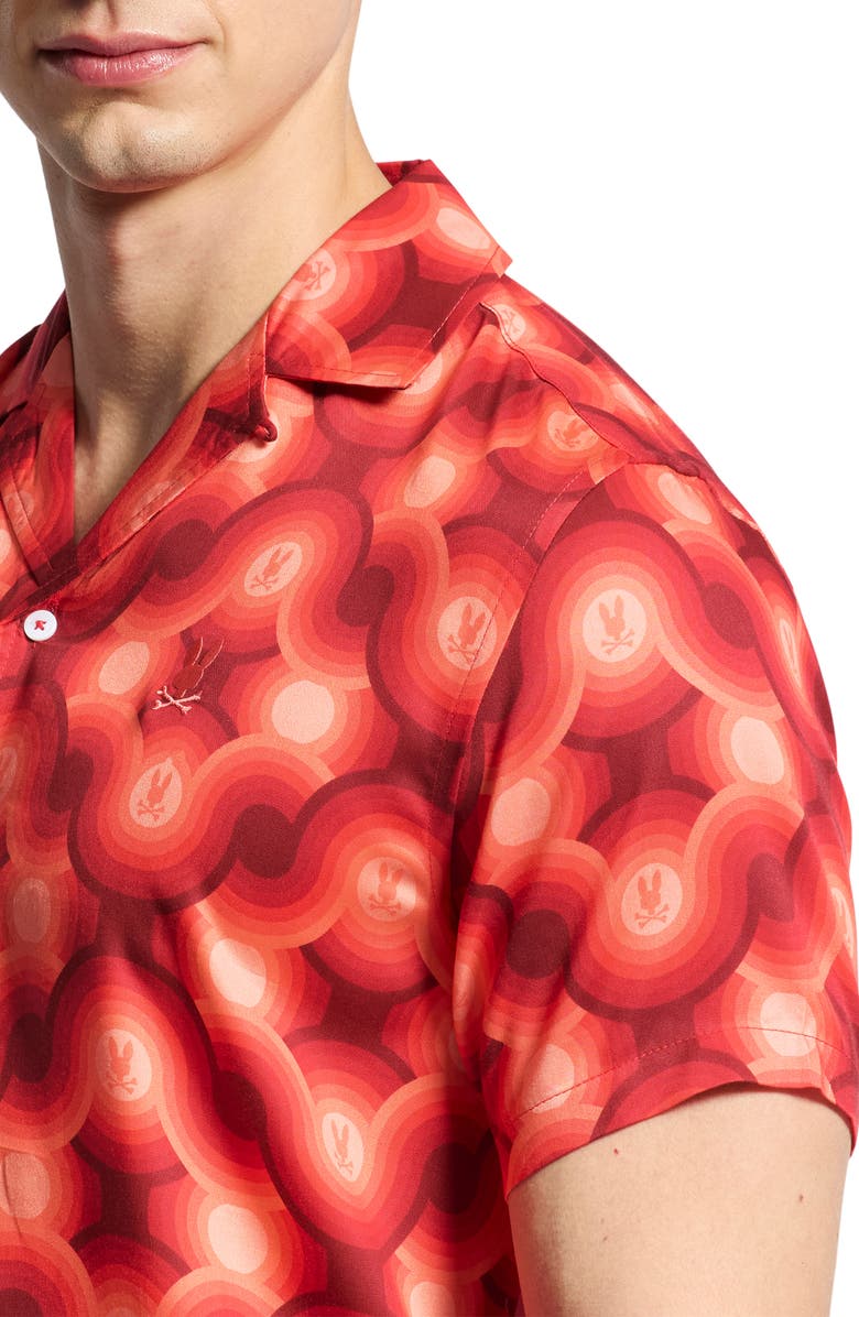 Psycho Bunny Paros Wave Print Lyocell Camp Shirt, Alternate, color, Hot Coral
