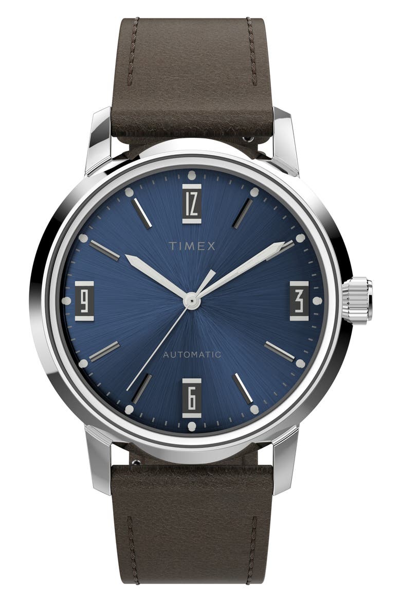 Marlin Automatic Leather Strap Watch, 40mm, Main, color, SILVER/ BLUE/ BROWN