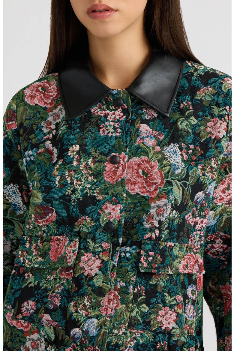 Floral Tapestry Faux Leather Collar Bomber Jacket, Alternate, color, BLACK FLORAL