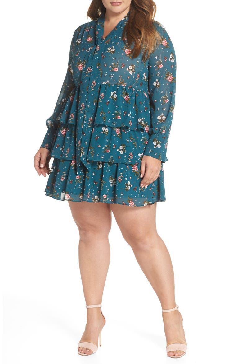Tiered Floral Tie Neck Dress, Main, color, TEAL FLORAL