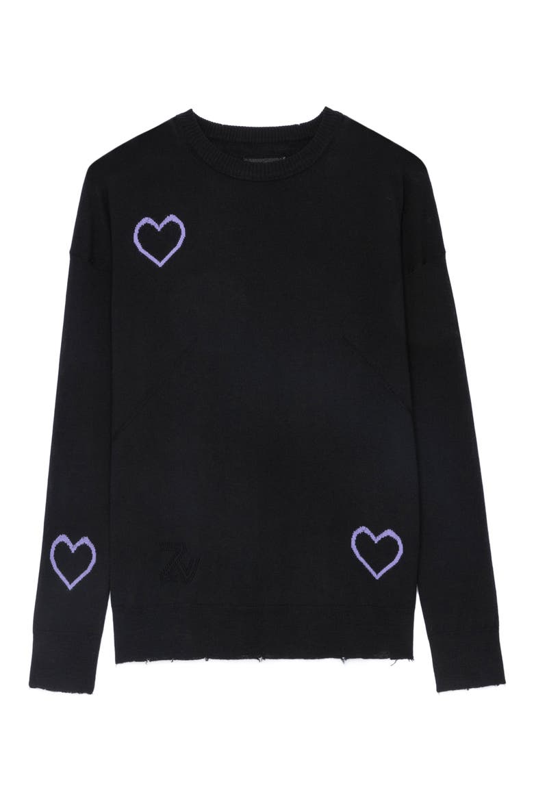 Gaby Intarsia Heart Wool Crewneck Sweater, Alternate, color, NOIR/ LAVENDE