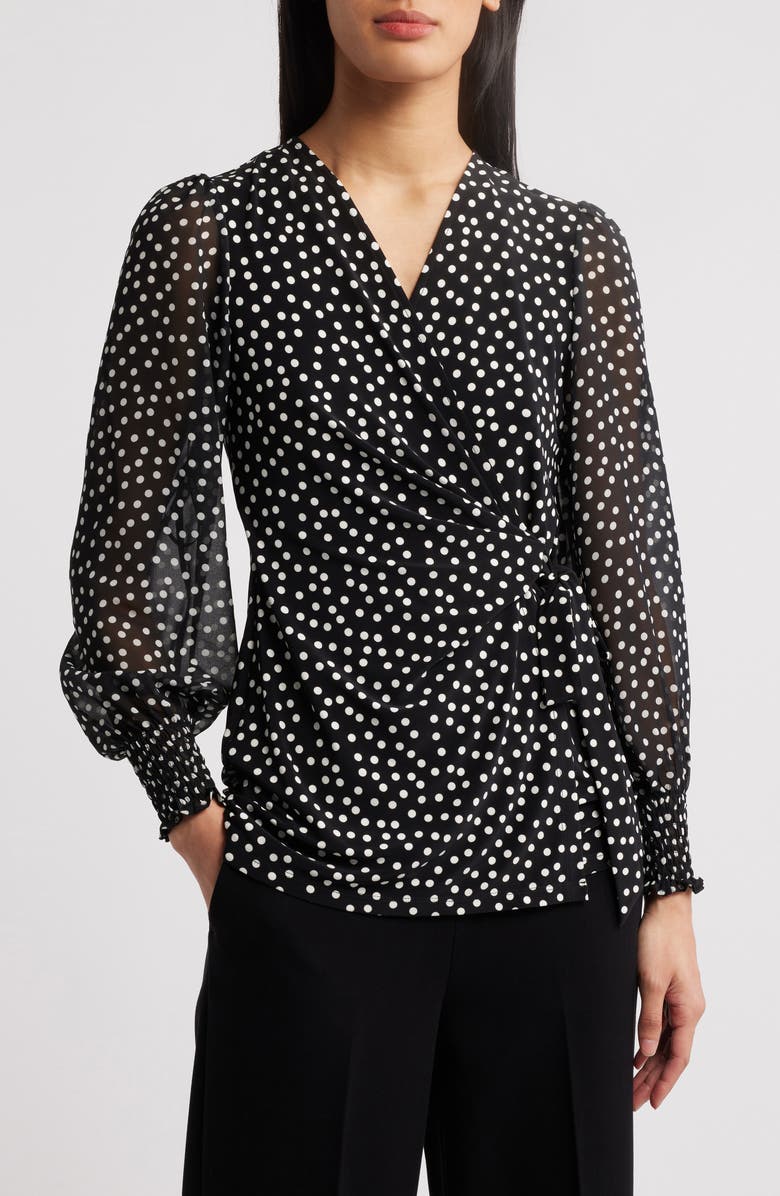 Anne Klein Polka Dot Wrap Top, Main, color, 