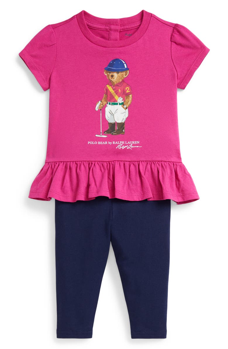 Ralph Lauren Graphic Peplum Top and Leggings Set, Main, color, College Pink