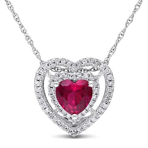 Gemstone & Diamond Halo Heart Necklace 10K