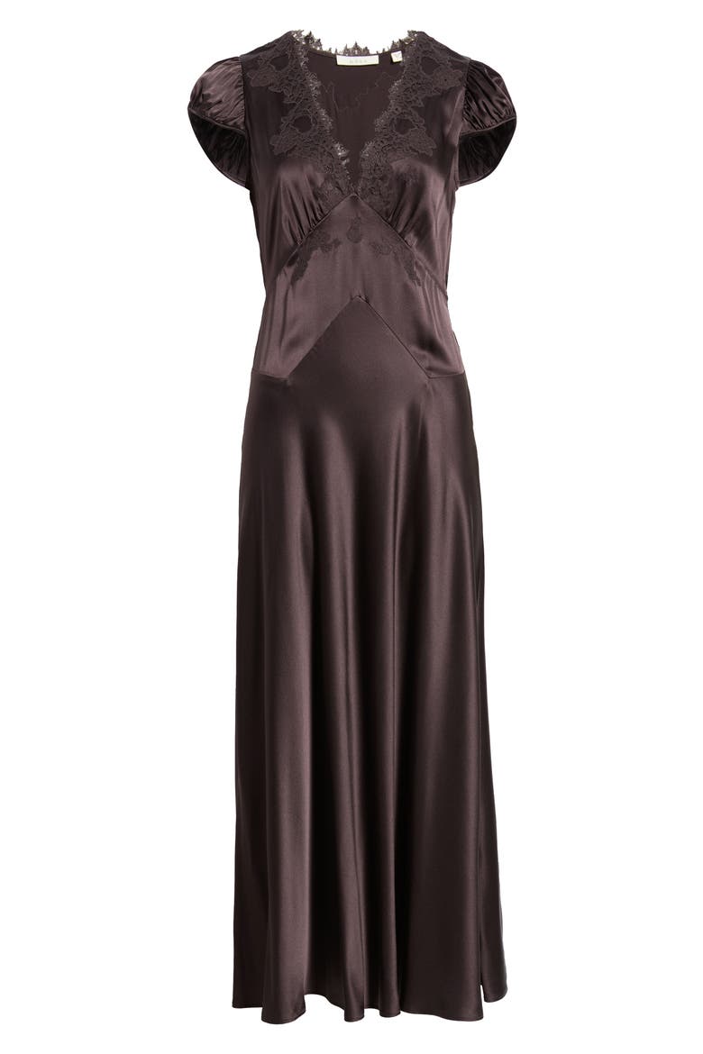 Coraline Lace Detail Floral Satin Maxi Dress, Alternate, color, EQUESTRIAN BROWN