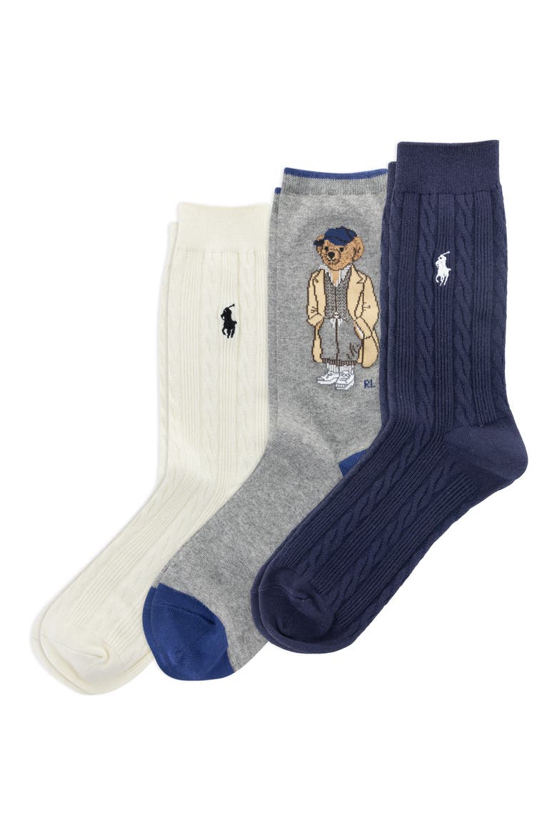 Embroidered Fall Bear Assorted 3-Pack Cotton Blend Crew Socks, Alternate, color, NAVY ASSORTED