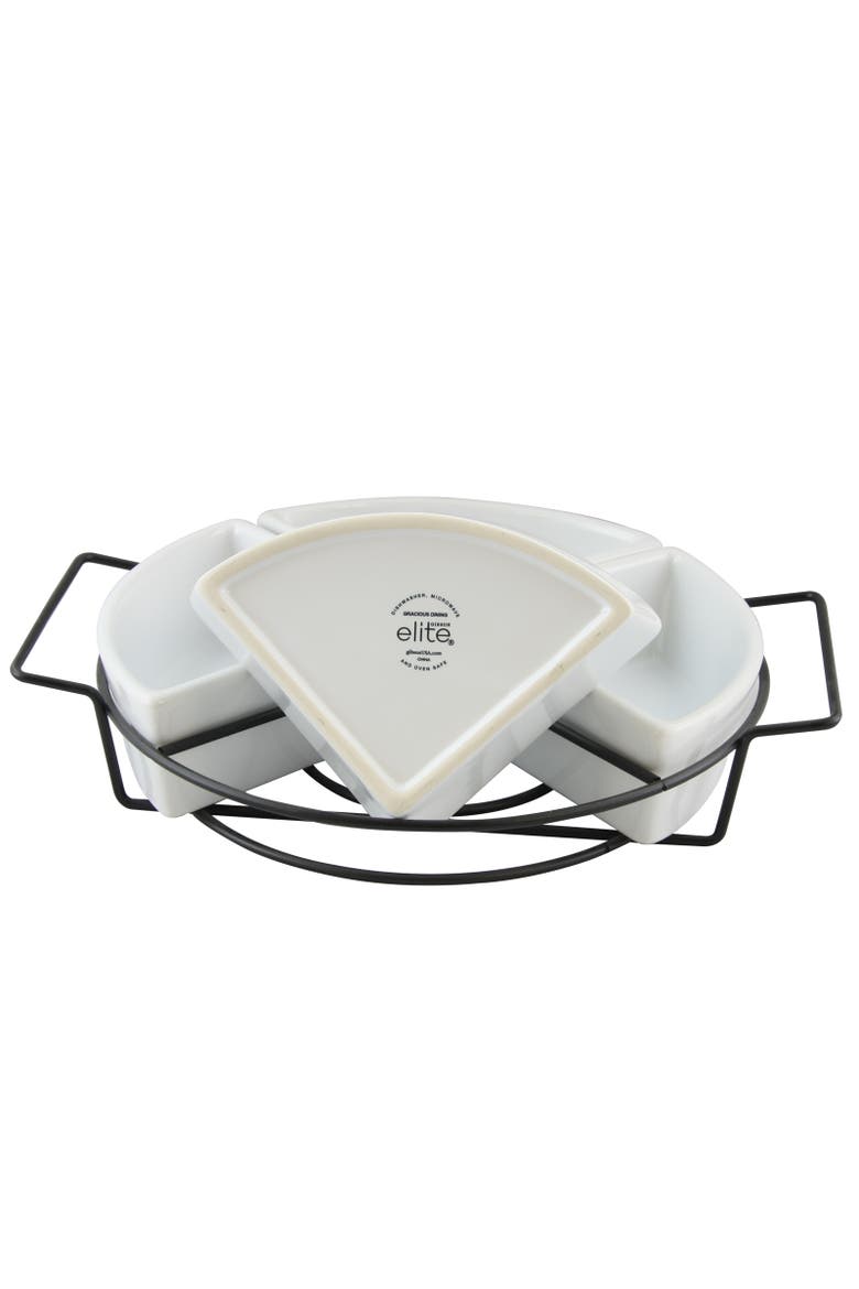 Gracious Fine Ceramic Dining Four Section Tray Set with Metal Rack, Alternate, color, White