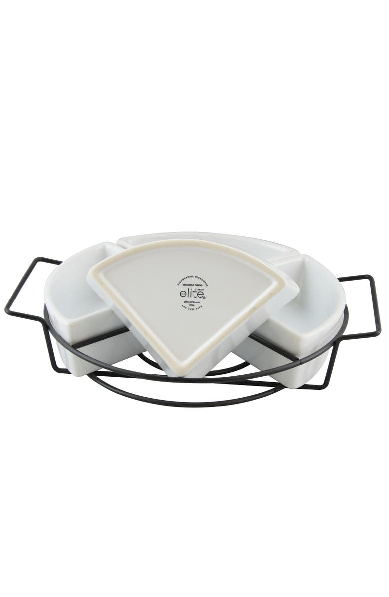 Gibson Gracious Fine Ceramic Dining Four Section Tray Set with Metal Rack, Alternate, color, White