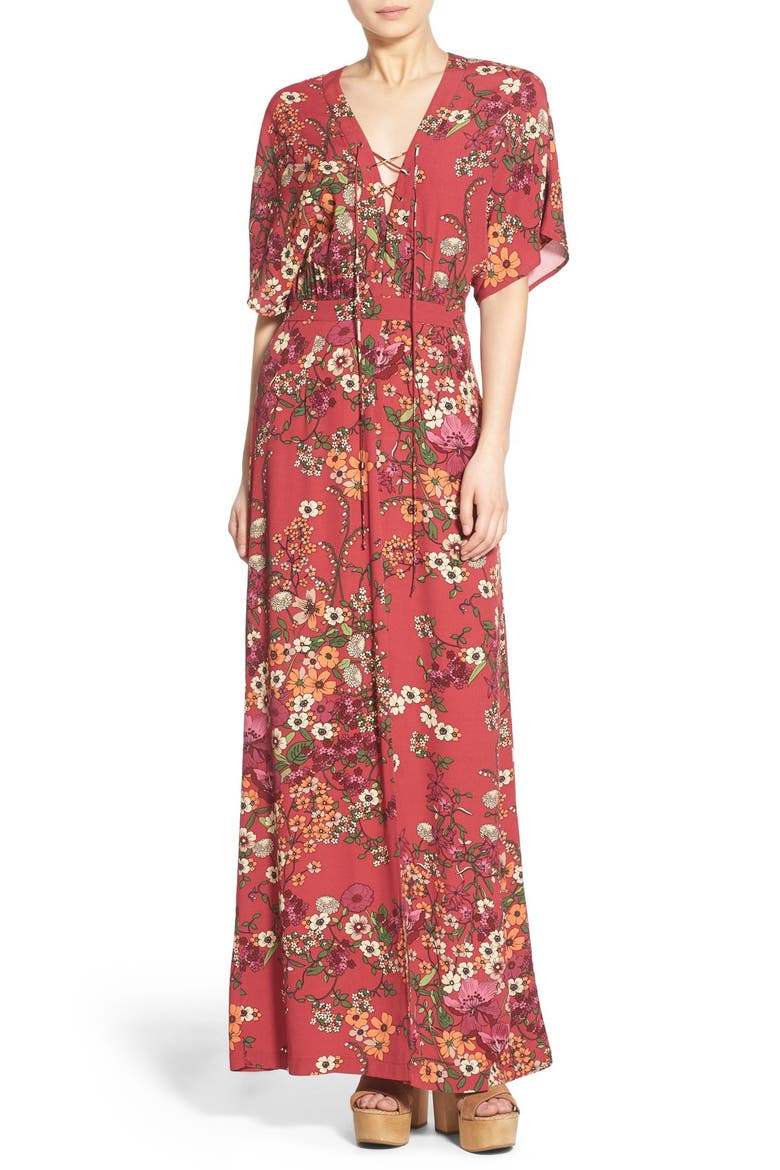Floral Print Lace-Up Maxi Dress, Main, color, RED BOTANICAL