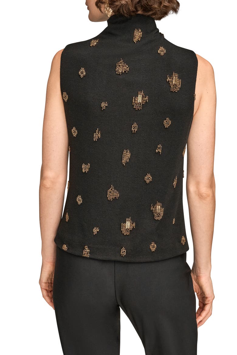 Embellished Ruched High Neck Sleeveless Knit Top, Alternate, color, BLACK