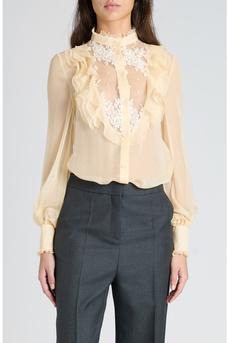 Ruffle Floral Lace & Semisheer Chiffon Shirt, Main, color, BETULLA