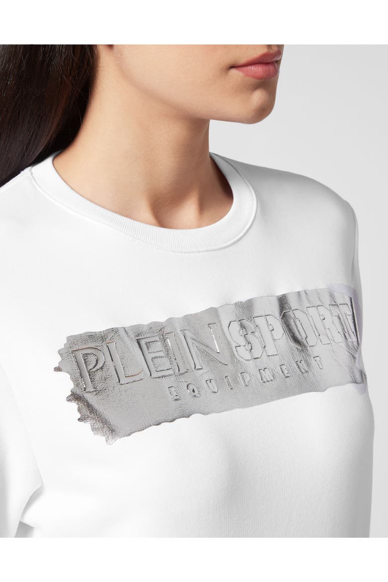 Stretch Cotton Fleece Crewneck Sweatshirt With Foil Logo, Relaxed Fit Athletic Pullover Women, Alternate, color, white