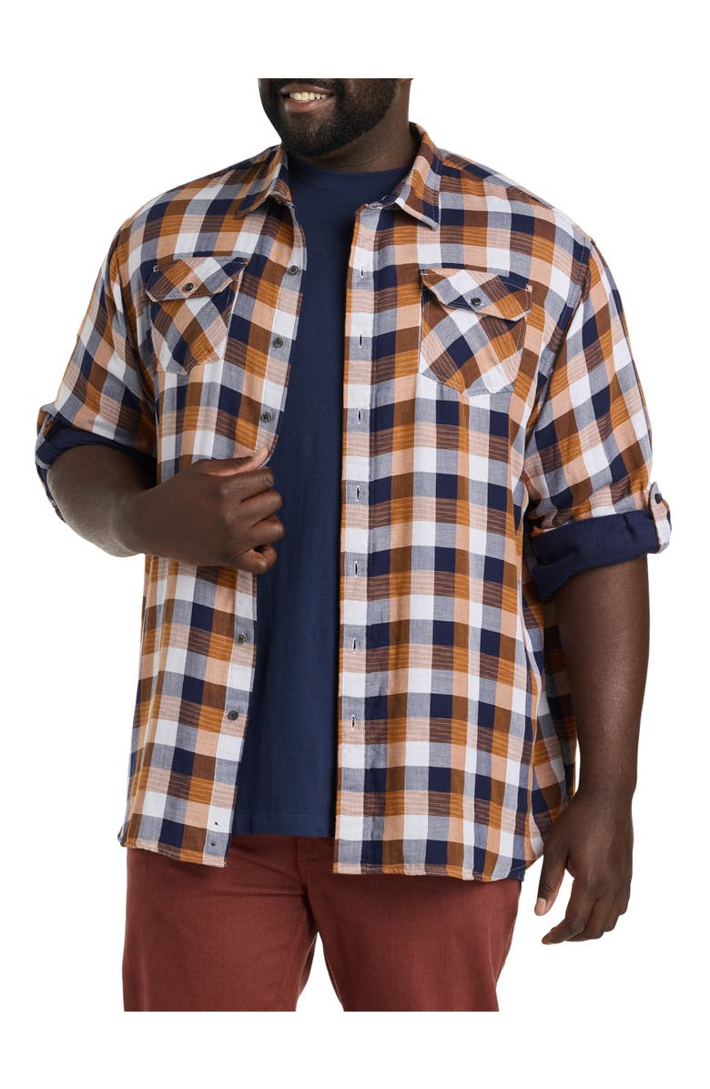 True Nation by DXL Plaid Rolled-Sleeve Sport Shirt, Main, color, Navy-Glazed Ginger
