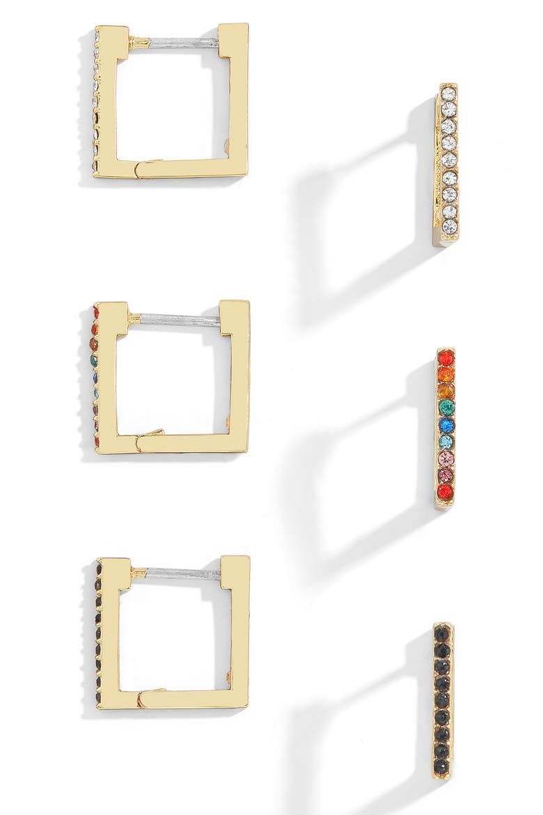 Set of 3 Square Huggie Hoop Earrings, Main, color, MULTI