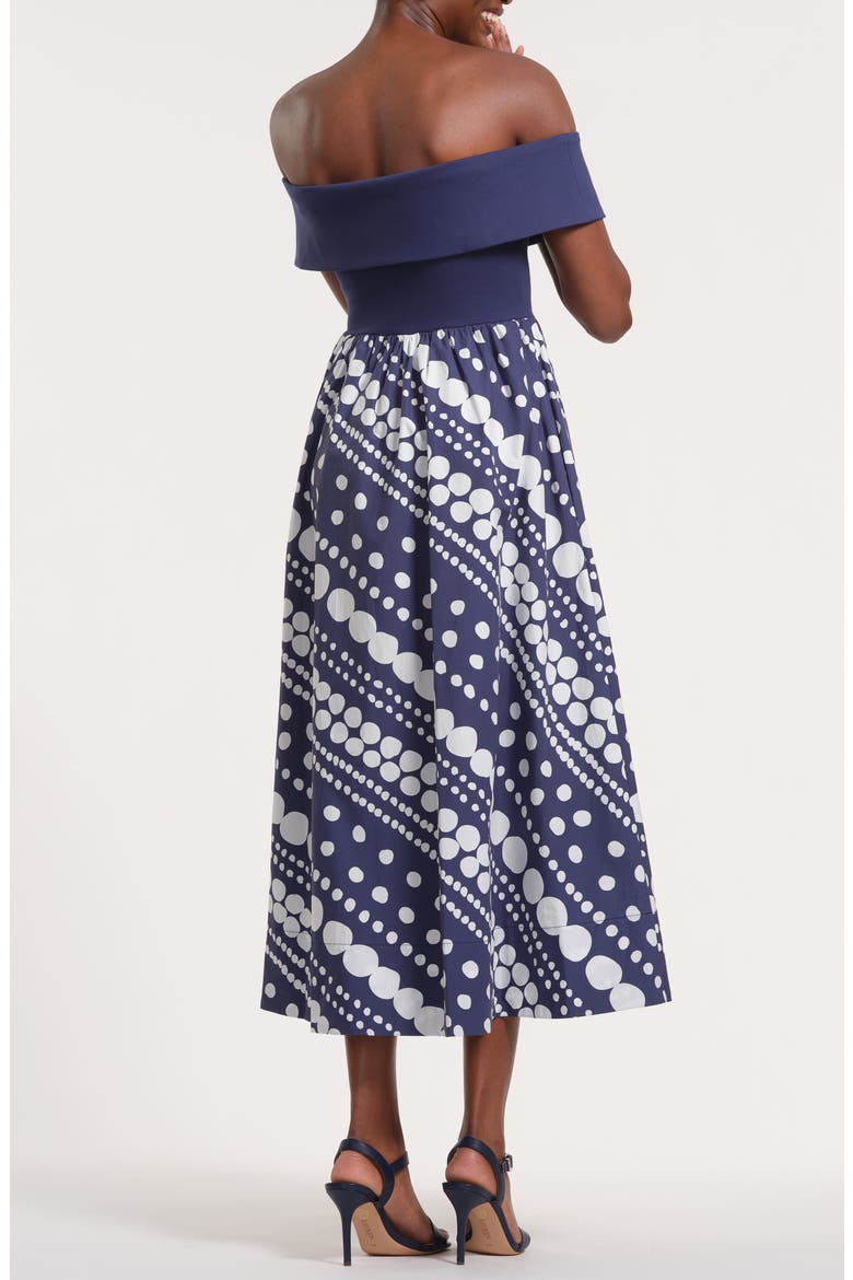 Off the Shoulder Midi Dress, Alternate, color, DOT NAVY
