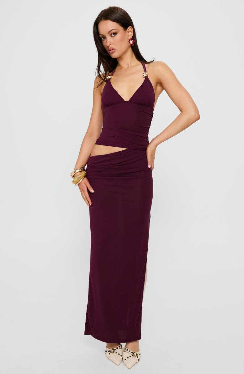 Princess Polly Imeraldia Cutout Halter Maxi Dress, Alternate, color, Currant