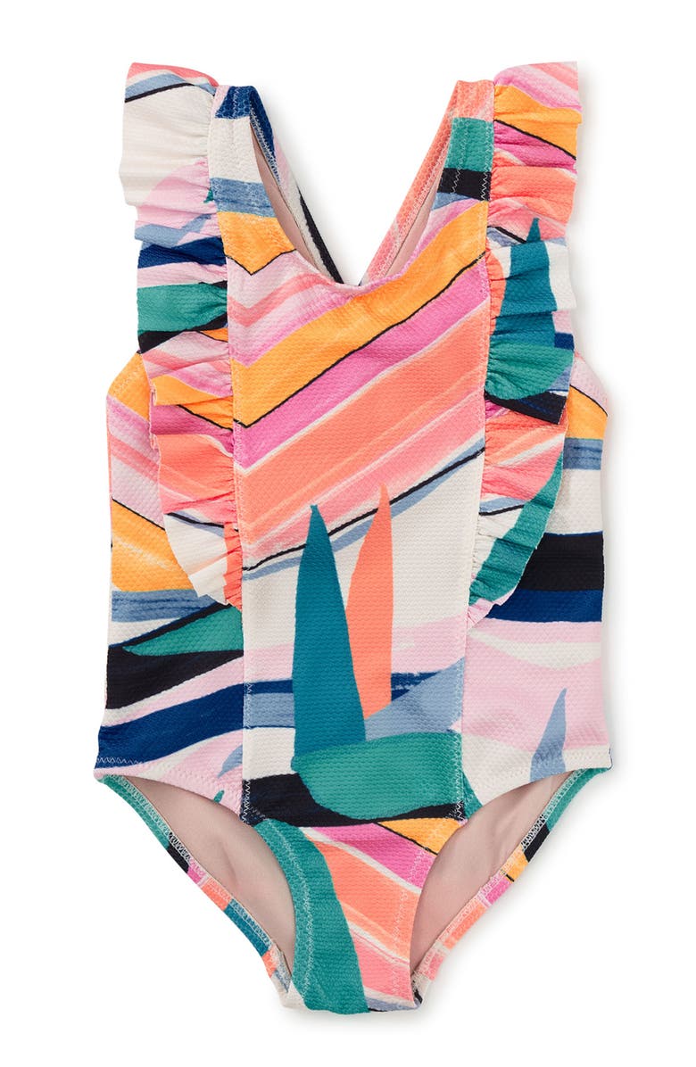 Tea Collection Ruffle One-Piece Swimsuit, Main, color, Bird Of Paradise Stripe
