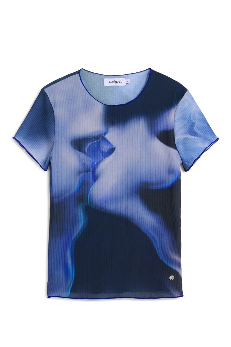 Abstract Floral Rib Top, Alternate, color, BLUE