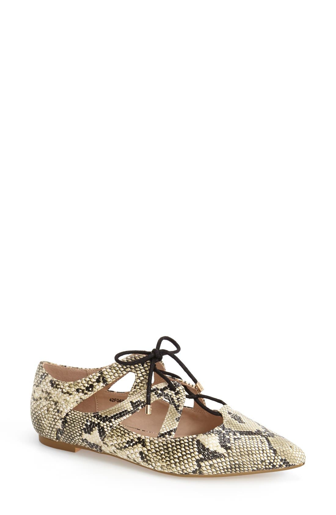 'Fickle' Pointy Toe Ghillie Flat, Main, color, NUDE