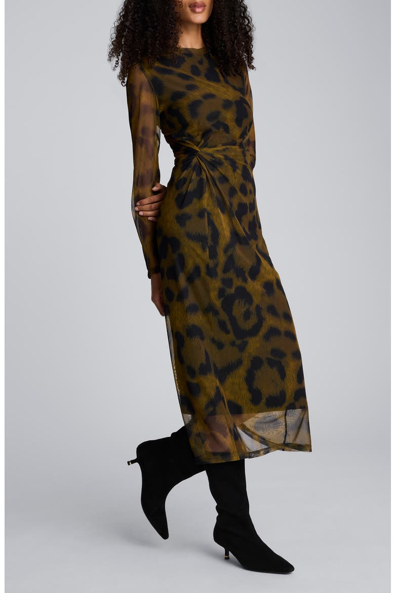 Print Knot Long Sleeve Mesh Midi Dress, Alternate, color, OLIVE GREEN MULTI